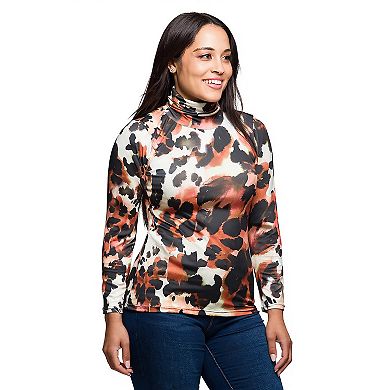 Plus Size 24Seven Comfort Apparel Animal Print Long Sleeve Turtleneck Top