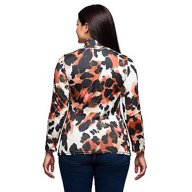 Plus Size 24Seven Comfort Apparel Animal Print Long Sleeve Turtleneck Top