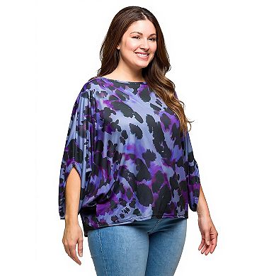 Plus Size 24Seven Comfort Apparel Animal Print Boatneck Dolman Sleeve Top