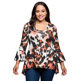 Plus Size 24Seven Comfort Apparel Animal Print Scoopneck Bell Sleeve Tunic Top