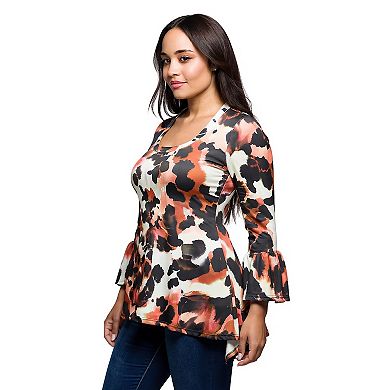 Plus Size 24Seven Comfort Apparel Animal Print Scoopneck Bell Sleeve Tunic Top