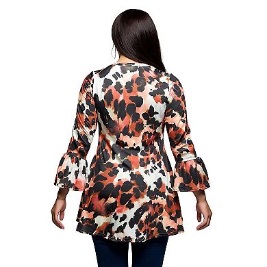 Plus Size 24Seven Comfort Apparel Animal Print Scoopneck Bell Sleeve Tunic Top