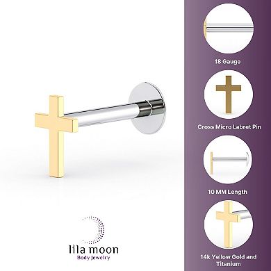 Lila Moon 14k Gold Internally Threaded Cross Micro Labret Pin