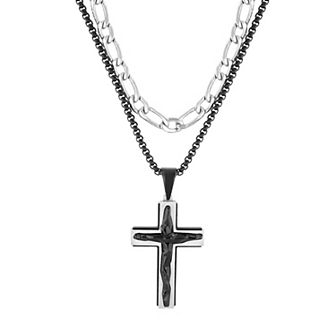 Steel Nation Men's Stainless Steel Double Chain & Cross Pendant Necklace
