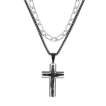 Steel Nation Men's Stainless Steel Double Chain & Cross Pendant Necklace