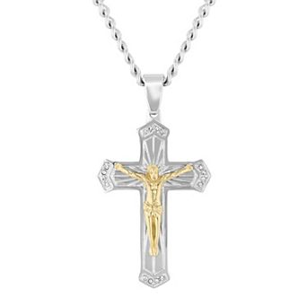 Steel Nation Men's Two Tone Stainless Steel Crucifix Pendant Necklace