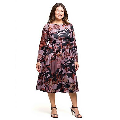 Plus Size 24Seven Comfort Apparel Floral Print Long Sleeve Midi Dress