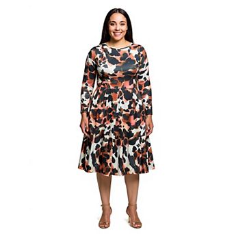 Plus Size 24Seven Comfort Apparel Floral Print Long Sleeve Midi Dress