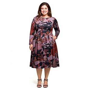 Plus Size 24Seven Comfort Apparel Floral Print Long Sleeve Midi Dress