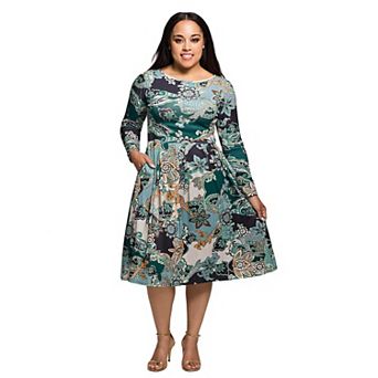Plus Size 24Seven Comfort Apparel Floral Print Long Sleeve Midi Dress