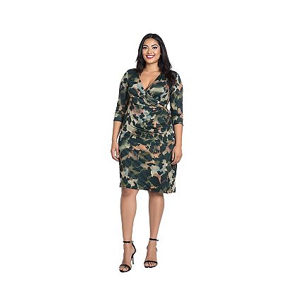 24seven Comfort Apparel Plus Size Faux Wrap Dress - Green Multi - 3X