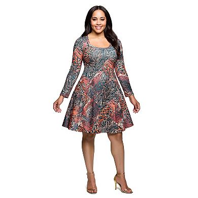 Plus Size 24Seven Comfort Apparel Long Sleeve Fit & Flare Dress