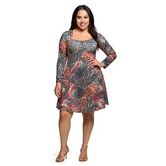 Plus Size 24Seven Comfort Apparel Long Sleeve Fit & Flare Dress