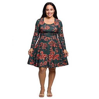 Plus Size 24Seven Comfort Apparel Long Sleeve Fit & Flare Dress
