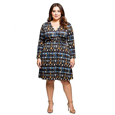 24seven Comfort Apparel Plus Size Long Sleeve Wrap with Belt Dress - Brown Multi - 3X
