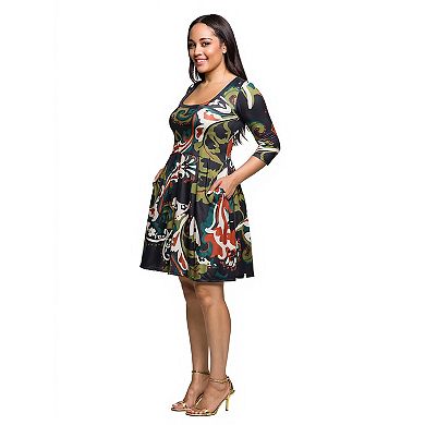 Plus Size 24Seven Comfort Apparel Three Quarter Sleeve Fit & Flare Dress