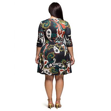 Plus Size 24Seven Comfort Apparel Three Quarter Sleeve Fit & Flare Dress