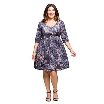 Plus Size 24Seven Comfort Apparel Three Quarter Sleeve Fit & Flare Dress