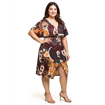 Plus Size 24Seven Comfort Apparel Short Sleeve Knot Front Midi Dress