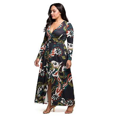 Plus Size 24Seven Comfort Apparel Paisley Print Long Sleeve Wrap Maxi Dress