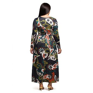 Plus Size 24Seven Comfort Apparel Paisley Print Long Sleeve Wrap Maxi Dress