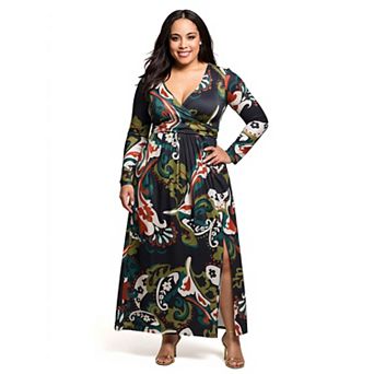Plus Size 24Seven Comfort Apparel Paisley Print Long Sleeve Wrap Maxi Dress