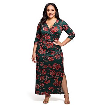 Plus Size 24Seven Comfort Apparel Floral Print Three Quarter Sleeve Side Slit Maxi Dress