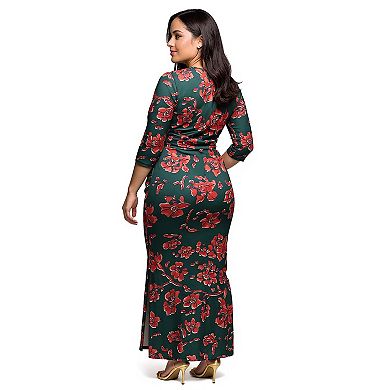 Plus Size 24Seven Comfort Apparel Floral Print Three Quarter Sleeve Side Slit Maxi Dress