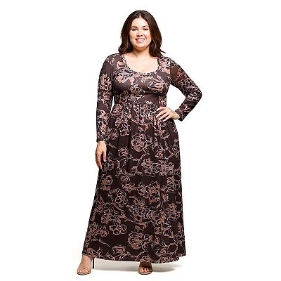 24seven Comfort Apparel Plus Size Blush Floral Long Sleeve Maxi Dress - Brown Multi - 2X