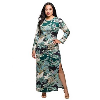 Plus Size 24Seven Comfort Apparel Long Sleeve Side Slit Maxi Dress