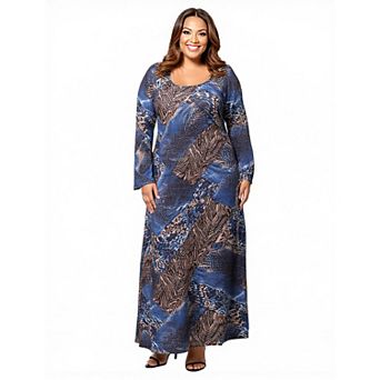 Plus Size 24Seven Comfort Apparel Long Sleeve Scoop Neck Maxi Dress