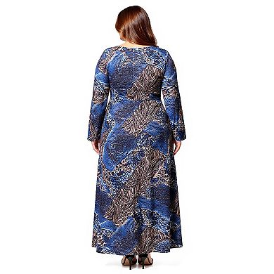 Plus Size 24Seven Comfort Apparel Long Sleeve Scoop Neck Maxi Dress
