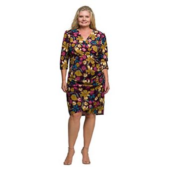 Plus Size 24Seven Comfort Apparel Floral Print Faux Wrap Dress