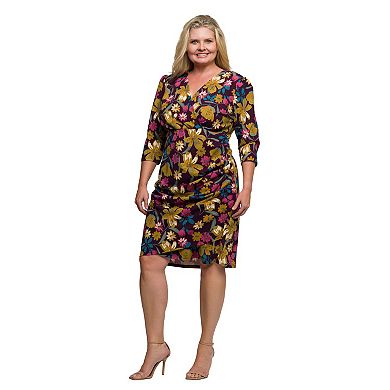 Plus Size 24Seven Comfort Apparel Floral Print Faux Wrap Dress