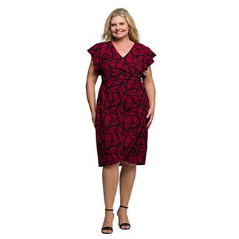 Plus Size 24Seven Comfort Apparel Flutter Sleeve Faux Wrap Dress