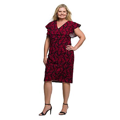Plus Size 24Seven Comfort Apparel Flutter Sleeve Faux Wrap Dress