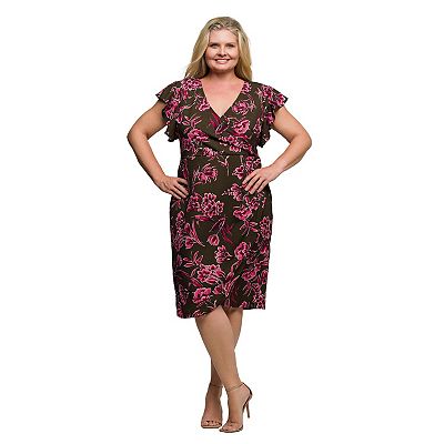 24seven Comfort Apparel Plus Size Brown and Pink Floral Flutter Sleeve Wrap Dress - Multi - Size 3X