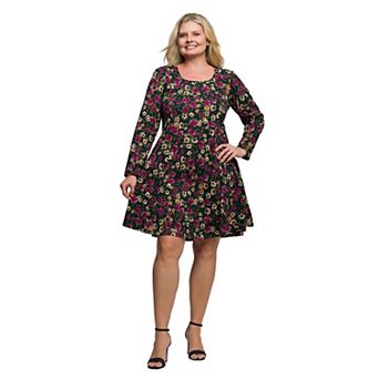 Plus Size 24Seven Comfort Apparel Floral Print Long Sleeve Fit & Flare Mini Dress