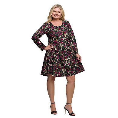 Plus Size 24Seven Comfort Apparel Floral Print Long Sleeve Fit & Flare Mini Dress