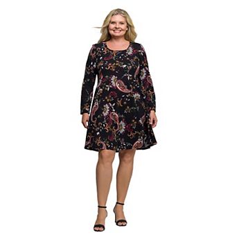 Plus Size 24Seven Comfort Apparel Long Sleeve Fit & Flare Dress
