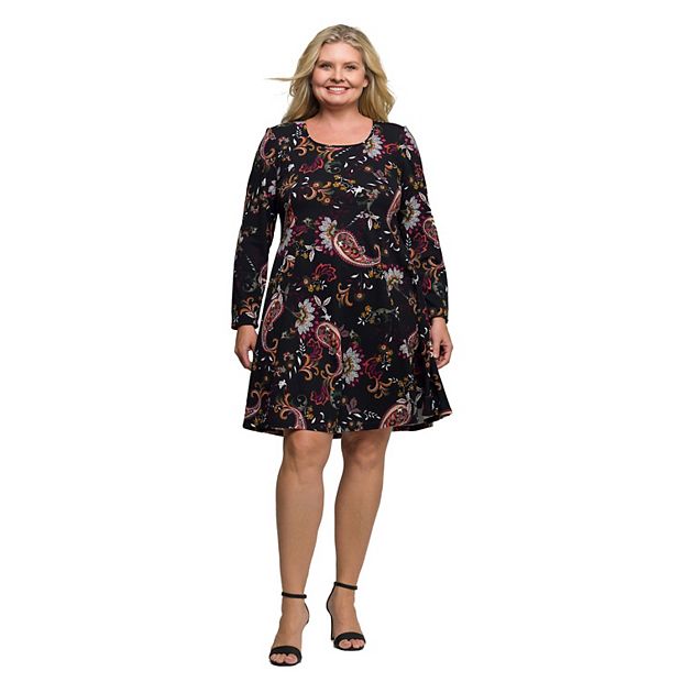 24seven Comfort Apparel Plus Size Black Paisley Print Long Sleeve Fit and Flare Dress - Multi - 1X