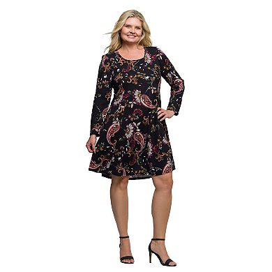 Plus Size 24Seven Comfort Apparel Long Sleeve Fit & Flare Dress