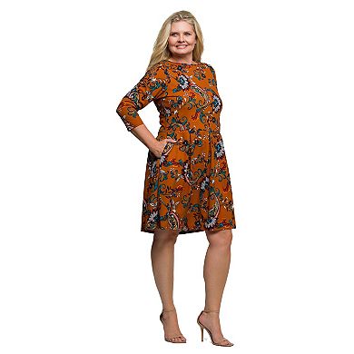 Plus Size 24Seven Comfort Apparel Paisley Print Fit & Flare Knee Length Dress