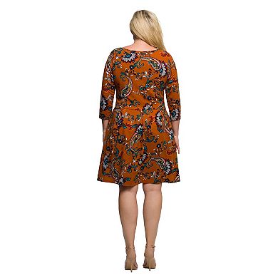 Plus Size 24Seven Comfort Apparel Paisley Print Fit & Flare Knee Length Dress