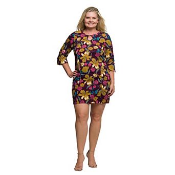 Plus Size 24Seven Comfort Apparel Floral Print Keyhole Neckline Sheath Dress