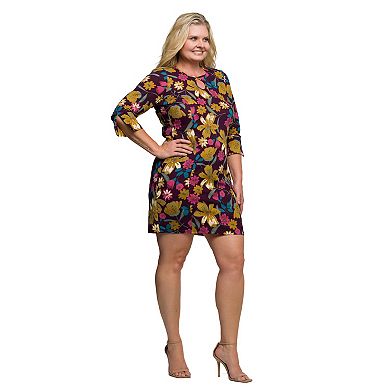 Plus Size 24Seven Comfort Apparel Floral Print Keyhole Neckline Sheath Dress