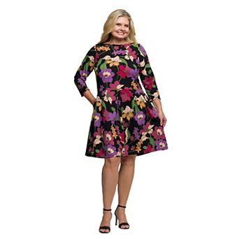 Plus Size 24Seven Comfort Apparel Floral Fit & Flare Pocket Knee Length Dress