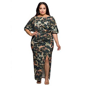 Plus Size 24Seven Comfort Apparel Abstract Print Batwing Sleeve Maxi Dress with Slit