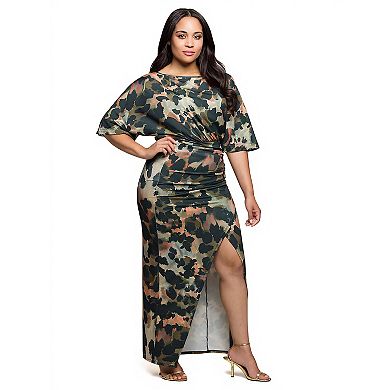 Plus Size 24Seven Comfort Apparel Abstract Print Batwing Sleeve Maxi Dress with Slit