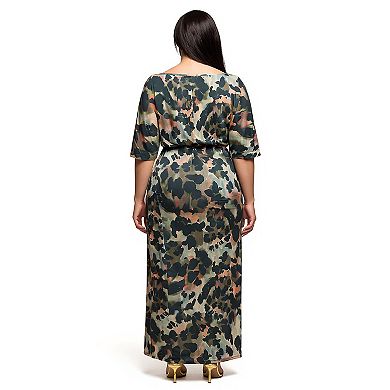 Plus Size 24Seven Comfort Apparel Abstract Print Batwing Sleeve Maxi Dress with Slit